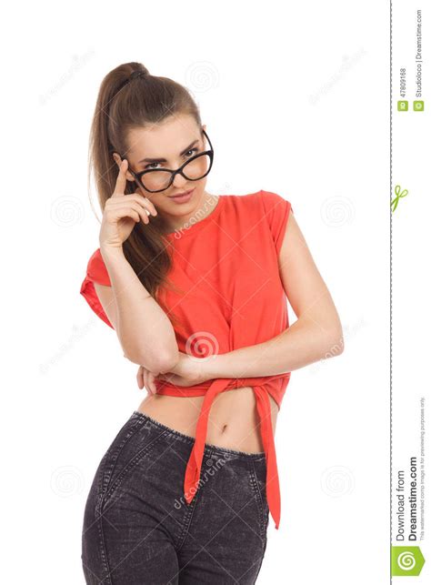 Girl In Nerd Glasses Stock Photo Image Of Serious Quarter 47809168