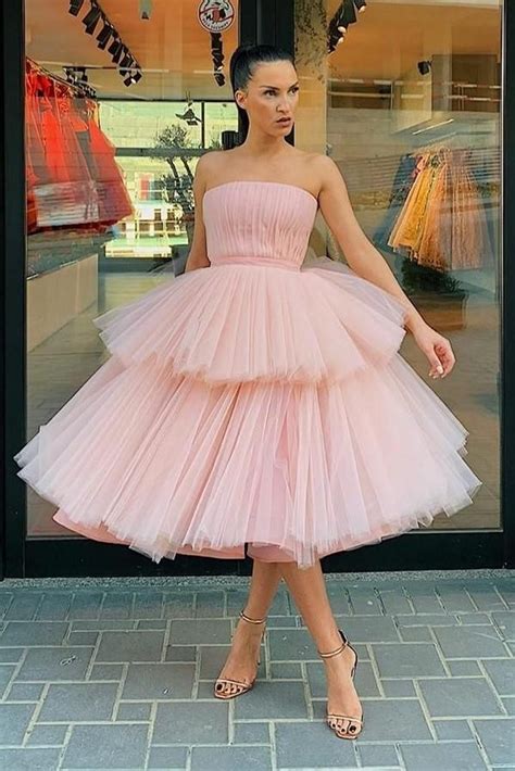 Strapless Pink Tulle Homecoming Dress Gown With Tiered Skirt In 2020