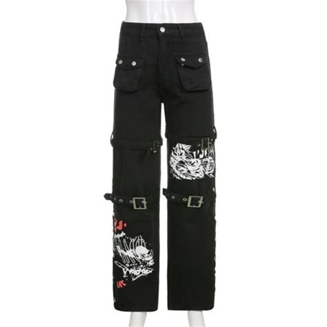 Y2K Graphic Skull Pattern Black Jeans Plus Size Grunge Gothic Etsy