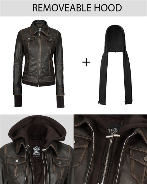 Womens Slim Fit Dark Brown Leather Jacket Removable Hood