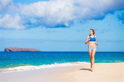 landscape women sea bay shore sand beach blue coast horizon island jogging caribbean