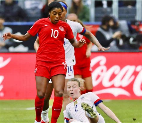 Ashley Lawrence 10 Of Canada And Emily Sonnett 2 Of Usa Concacaf Womens Olympic Qualifying