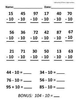 In the last lesson, we learned how to write expressions. Subtracting 10 from 2 digit numbers | Addition worksheets ...