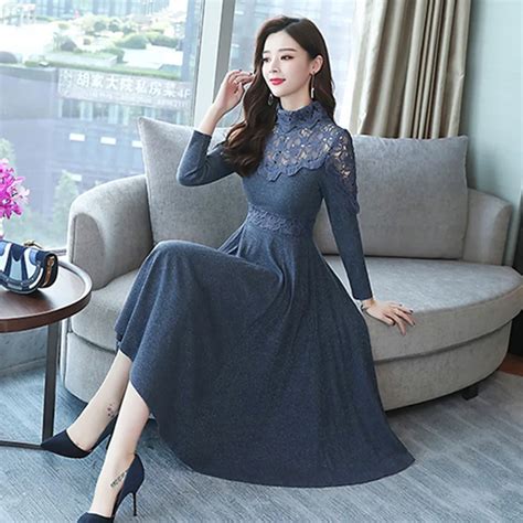 M 3xl Korean Women Dress A Line Office Lady Lace Dress Mid Calf Solid