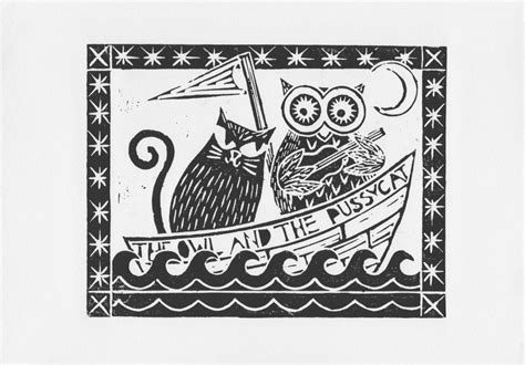 The Owl And The Pussycat White Background Art Print By Cath S Twisted Strings Lino Print