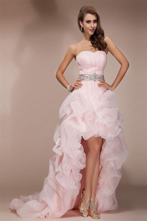 Pink High Low Backless Beaded Short Front Long Back Prom Dresses Prom