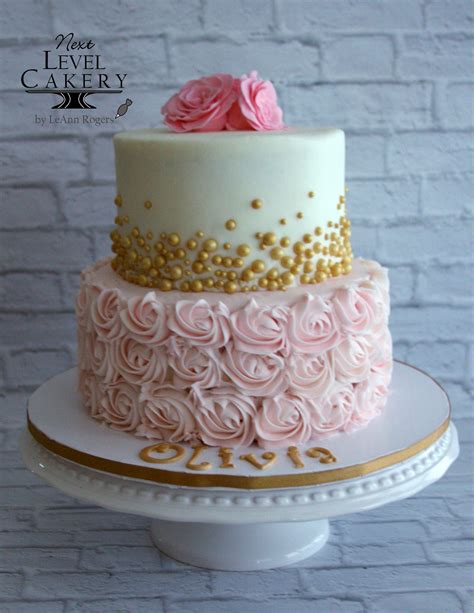 Gold And Pink Cake Rosettes Gold Pearls Tiered Cakes Birthday 1st