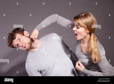 Violence Against Man Aggressive Woman Yelling Shouting On Scared