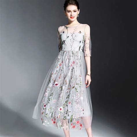 Buy 2018 Flower Embroidered Dress Evening Party