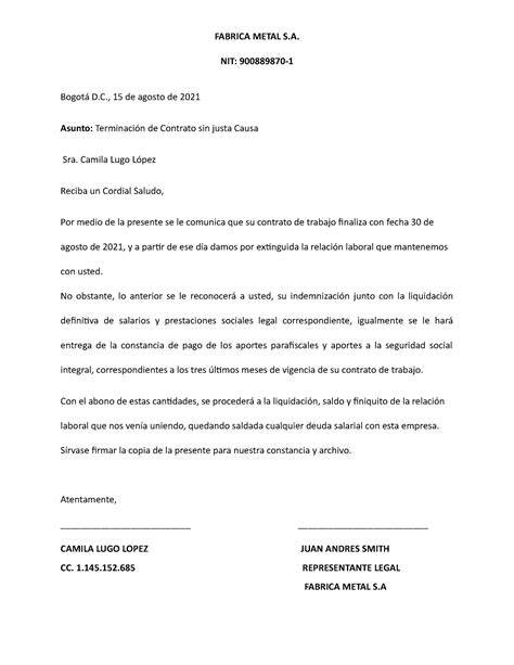 Modelo Carta Terminacion De Contrato Laboral A Termino Fijo En Colombia Images And Photos Finder