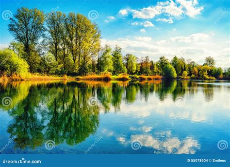 Tranquil Lakeshore Landscape With Blue Sky And Water Stock Photo