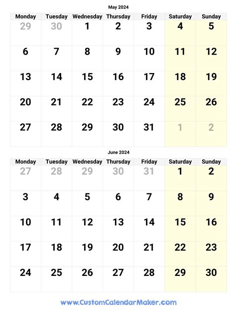 May And June 2024 Printable Calendar Template