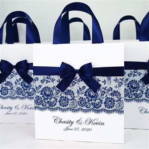 20 Chic Navy Blue Wedding T Bags Satin Ribbon Handles Bow Etsy