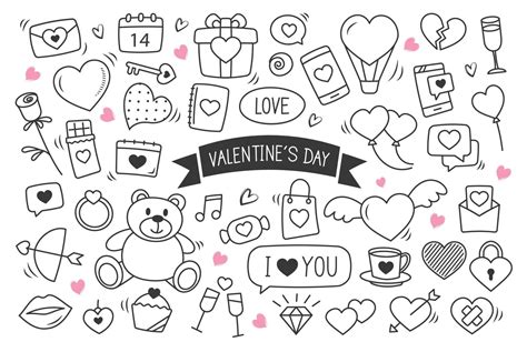 Valentines Day Hand Drawn Doodles Objects And Symbols Set Of Love And