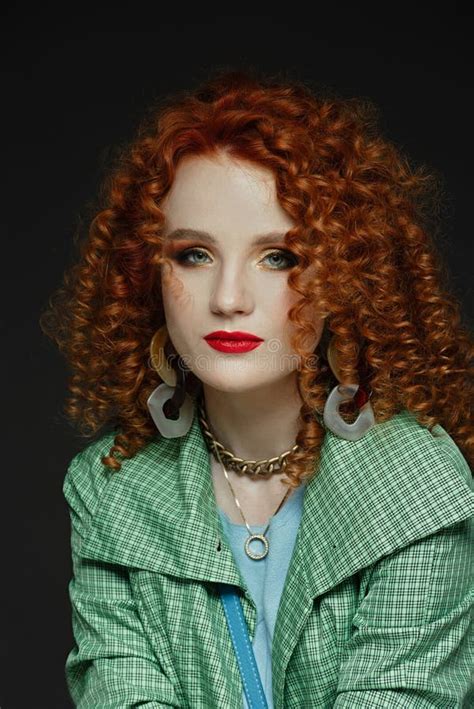Close Up Portrait Of A Girl Curly Red Hair Red Lipstick Calm Look