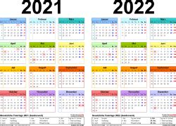 Hälfte mit kalenderwochen und feiertagen. Zweijahreskalender 2021 und 2022 als PDF-Vorlagen zum ...
