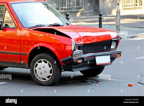 Damaged Old Red Car After Traffic Accident Stock Photo Alamy