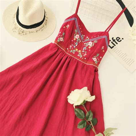 queenus summer dress v neck spaghetti strap sleeveless casual embroidery vocation dress red