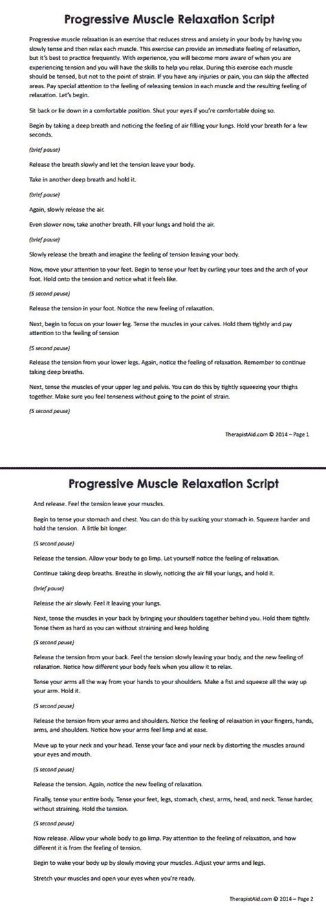 Progressive Muscle Relaxation Script Worksheet Therapist Aid