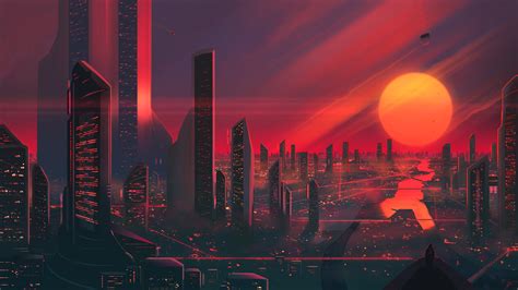 Joeyjazz Cityscape Futuristic Science Fiction Sunset Red Digital