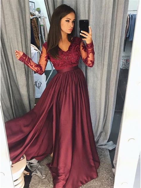 Burgundy slit lace, long burgundy prom dress with slit, slit bridesmaid gown, red dress for bridesmaid, size 18 long formal dress, burgundy evening gown. Buy A-Line V-Neck Long Sleeves Burgundy Prom Dress with ...