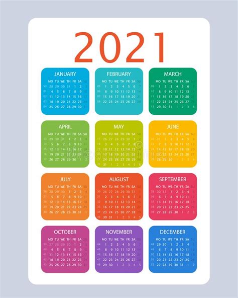 Calendario De 2021 Años Diseño Vectorial Colorido La Semana Comienza