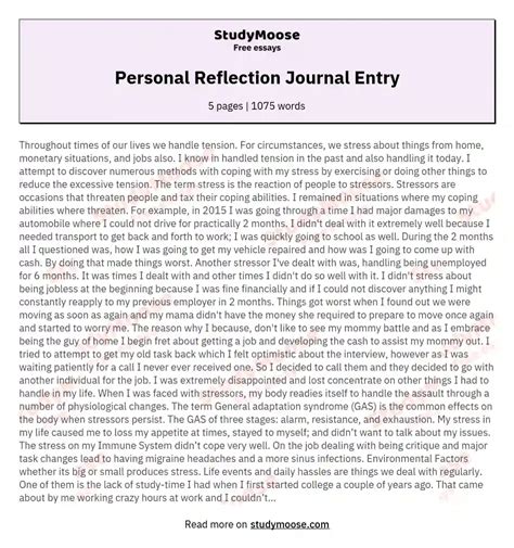 Personal Reflection Journal Entry Free Essay Example