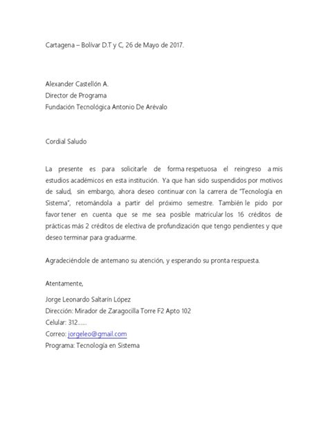 Ejemplo Carta De Reingreso A La Universidad