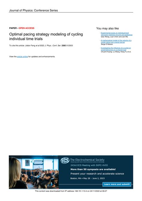PDF Optimal Pacing Strategy Modeling Of Cycling Individual Time Trials