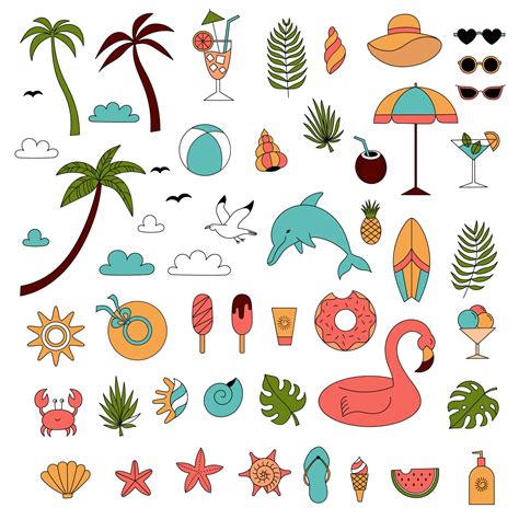 Set Of Summer Beach Elements In Doodle Style Summer Icon Tropical