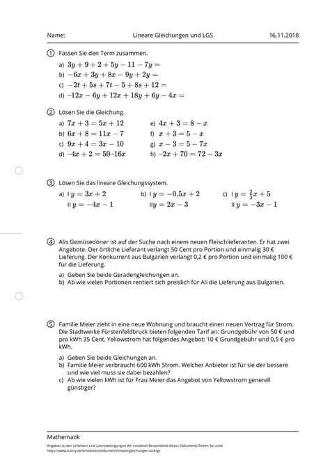 Arbeitsblatt Lineare Gleichungen Und Lgs Mathematik Tutoryde