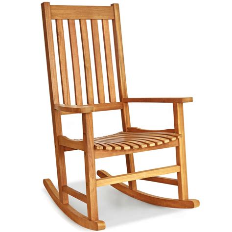Gymax Wooden Rocking Chair Porch Rocker High Back Garden Seat For Indoor Outdoor Teak