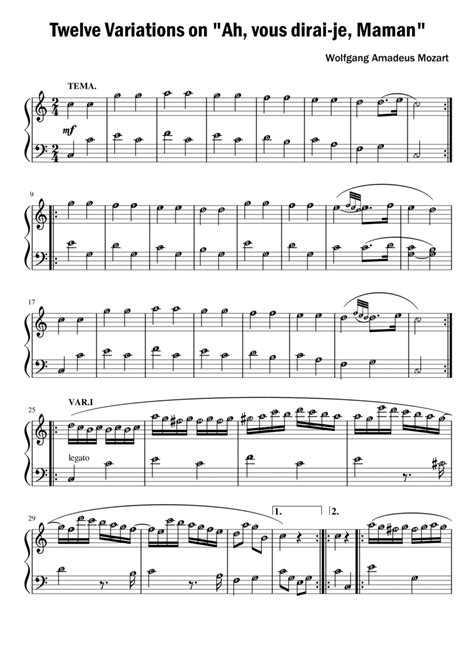 12 Twelve Variations On Ah Vous Dirai Je Maman Twinkle Twinkle Little Star Mozart Piano
