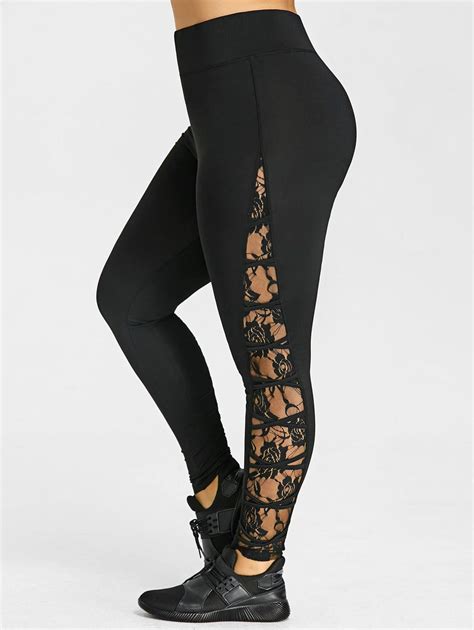 Womens High Waist Elastic Leggings W Lace Floral Side Design With