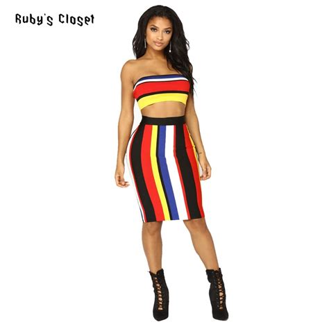 ruby s closet striped print women two piece sets strapless high waist skirt bodycon slim ladies