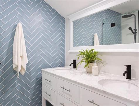 Single Wall Of Blue Herringbone Tile In Shower Bathtub Remodel Shower
