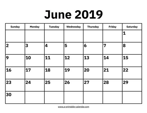 June 2019 Calendar A Printable Calendar