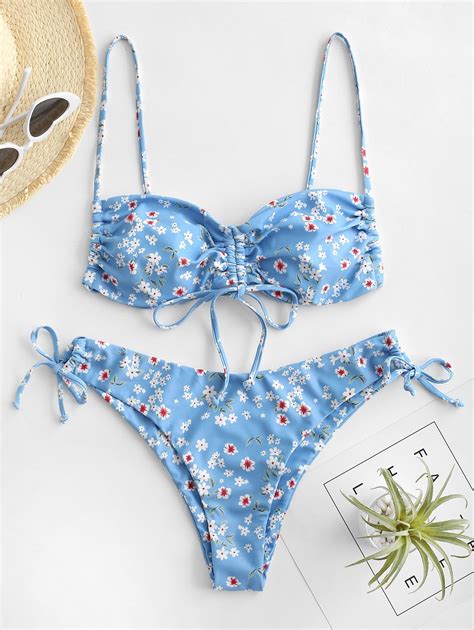 ZAFUL Ditsy Floral Cinched Tie Bikini Swimwear In LIGHT BLUE ZAFUL 2024