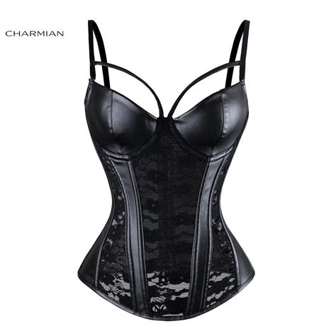 Womens Steampunk Gothic Corset Faux Leather Foral Lace Corset Black