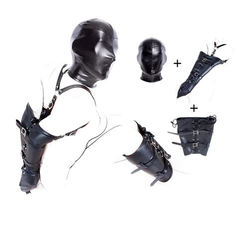 black white sexy body bondage costumes with leather hands wrists leg binder hood mask for couple