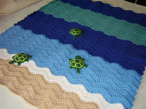Crochet Ocean Waves Turtle Blanket In Sand Blues And Green By