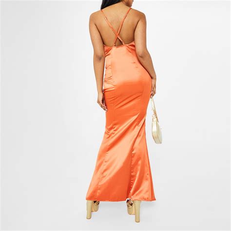Missguided Plunge Neck Satin Fishtail Maxi Dress Orange