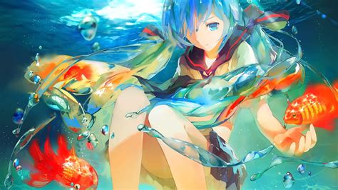 Free Download Hd Wallpaper Anime Anime Girls Blue Hair Long Hair Blue Eyes Looking Away