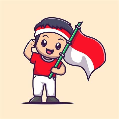 Free Vector Cute Boy Holding Indonesian Flag Cartoon Vector Icon