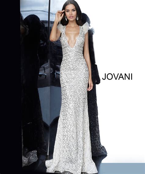 Jovani 02457 Silver Plunging Neck Embellished Prom Dress