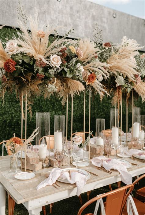 Tall Pampas Boho Wedding Centerpiece Inspiration Woth Eclectic Feel