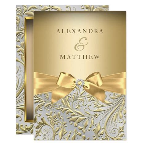 Elegant Gold Bow Golden Leaf Wedding Invitation