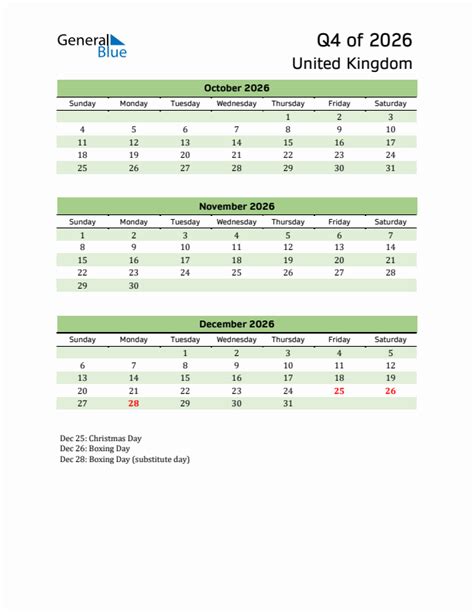 Q4 2026 Quarterly Calendar With United Kingdom Holidays