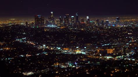 View Of Downtown Los Angeles From Above At Night Stock