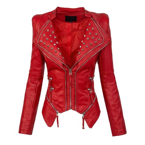 Autumn Women Red Jacket Coat Faux Leather Plain Wide Lapel Rivet Zipper
